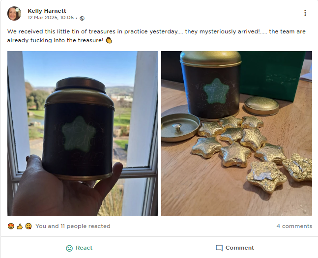 A HiBob post containing two photographs, both featuring a tine of chocolates wrapped in a mysterious design