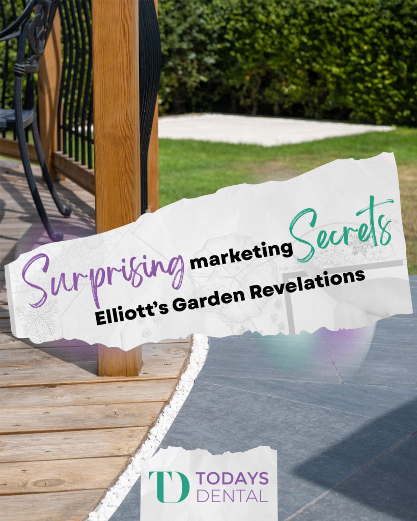 A headline about Marketing Secrets layered over an image of a sunny modern garden with decking, tiles and a green lawn