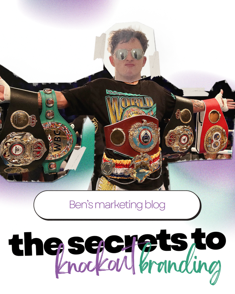 A descriptive graphic titled the secrets to knockout branding featuring an image of a champion boxer with all his belts.