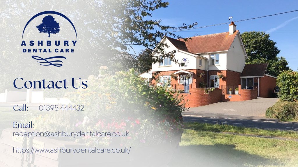 Exterior of Ashbury Dental Care in sunny countryside with Contact info in image